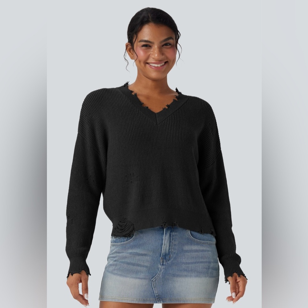 HALARA V-Neck Distressed Casual Sweater